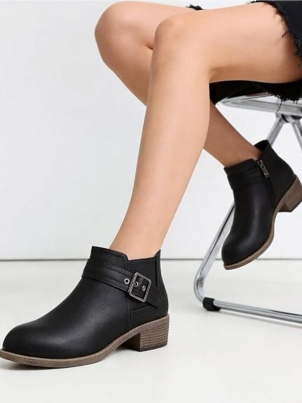 Women's Black2 Ankle Boots Low Heel Booties Buckle Round Toe Fall Boots Side Zip